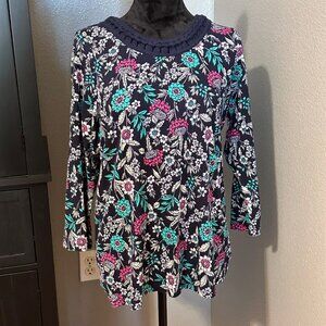 Kim Rogers Floral Print Cotton Top XL Navy 3/4 Sleeve Casual Boho Cottagecore